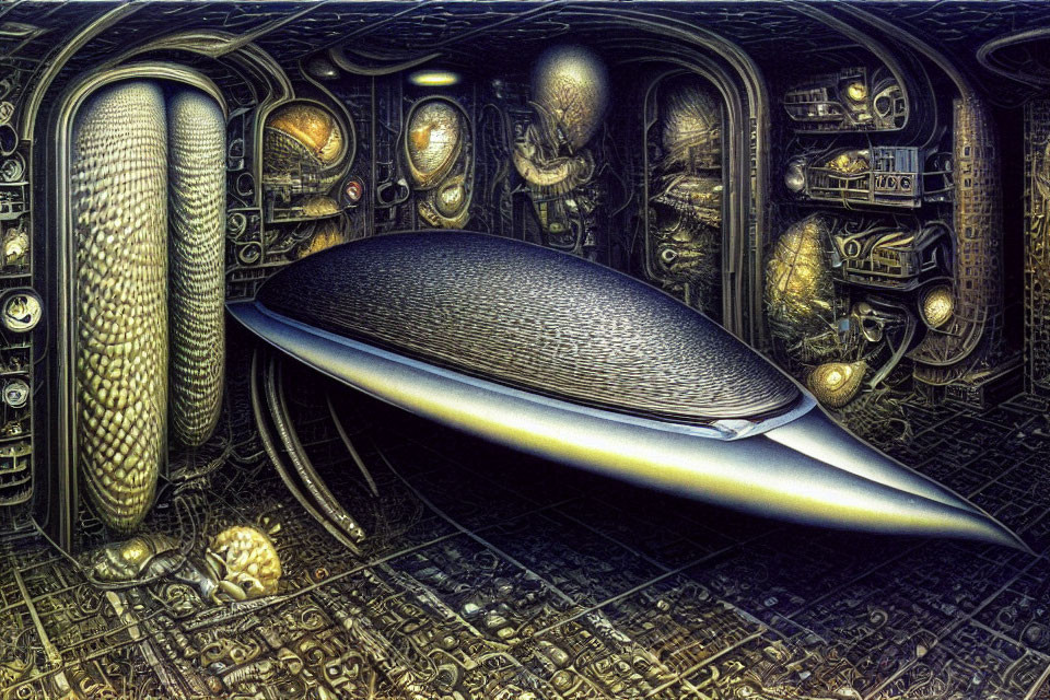 Futuristic metallic interior with oval vessel and alien hieroglyphs