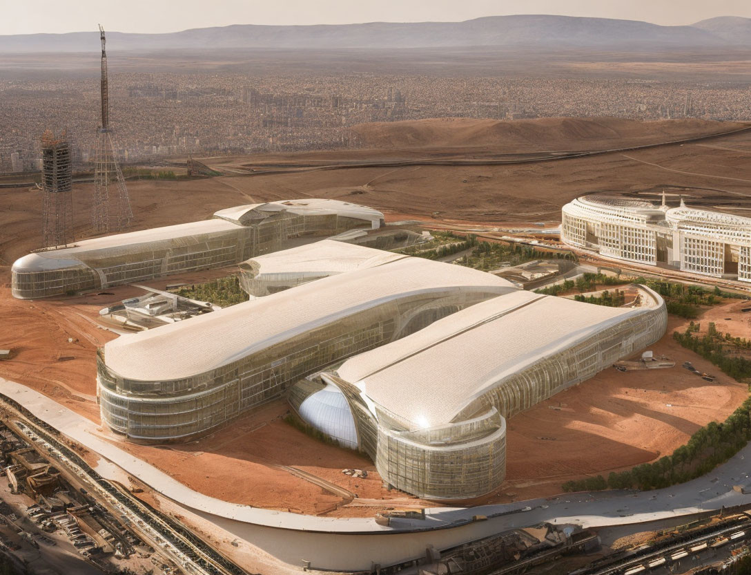 Futuristic curved building in desert landscape with city skyline & traditional circular structure