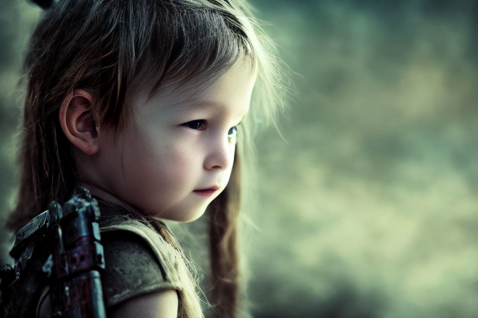 Contemplative young child against green background