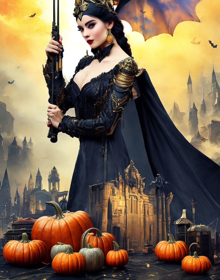 Gothic vampire-inspired woman with staff among pumpkins and castle backdrop