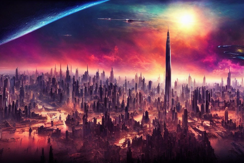 Futuristic sci-fi cityscape with cosmic sky and spaceships