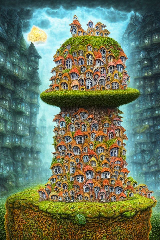 Fantastical tree with stacked houses in misty landscape