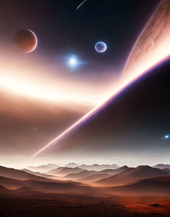 Surreal cosmic landscape with large planet, desert dunes, and celestial bodies