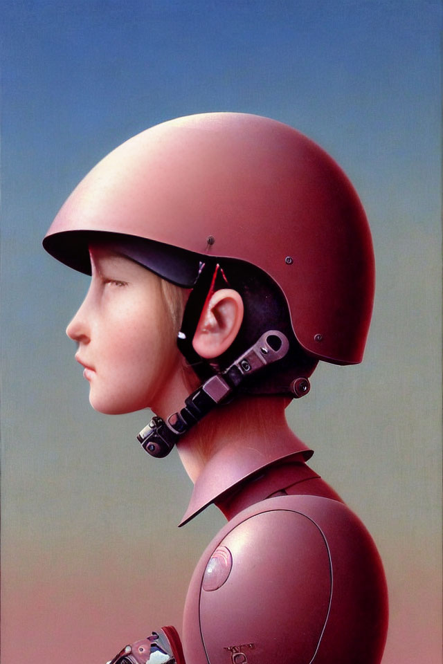 Humanoid Robot with Helmet in Profile on Gradient Background