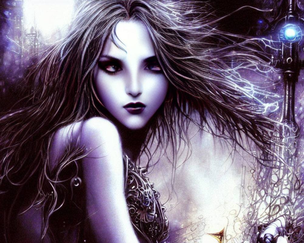 Gothic fantasy illustration of pale woman with dark hair in mystical mechanical setting