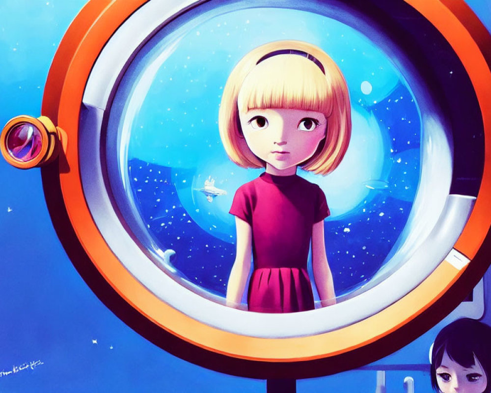 Blond girl in red dress in spaceship with space view