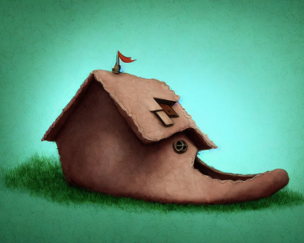 Whimsical boot-shaped house illustration on green background