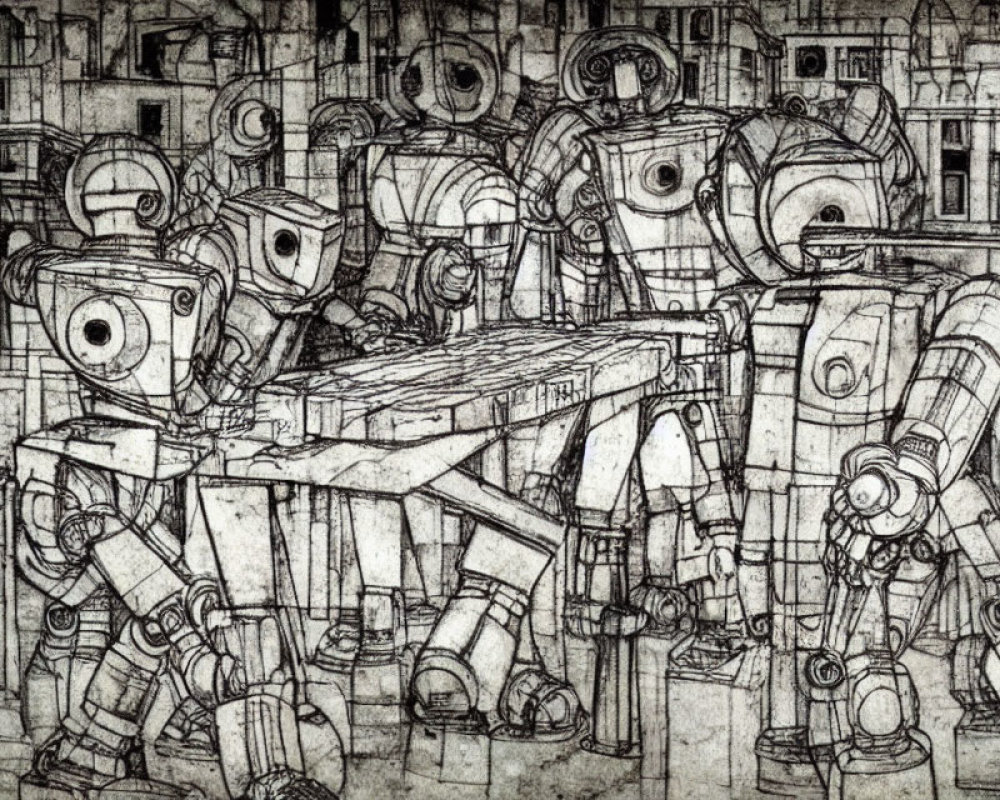 Monochrome sketch of stylized robots at a table in cityscape