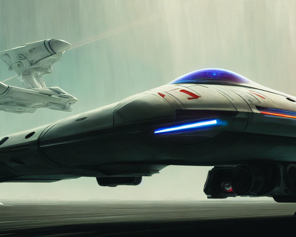 Futuristic Spaceship with Blue Engines and Red Markings Landing Scene