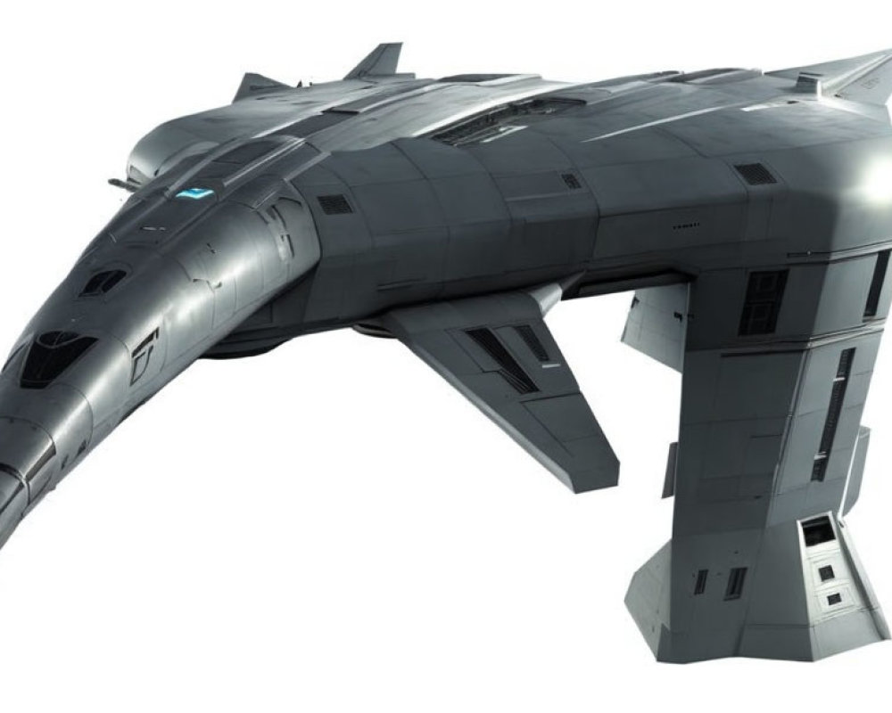 Futuristic gray spaceship with pointed nose and wings on white background