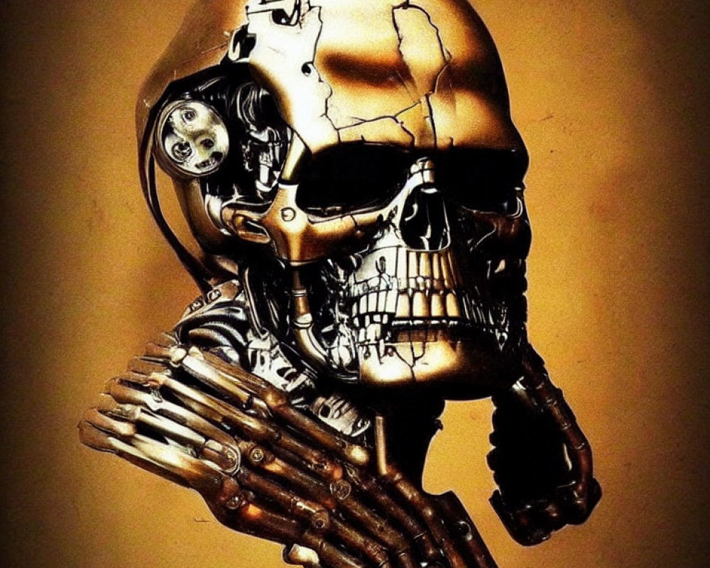 Golden robotic skull and hand with metallic components on golden backdrop