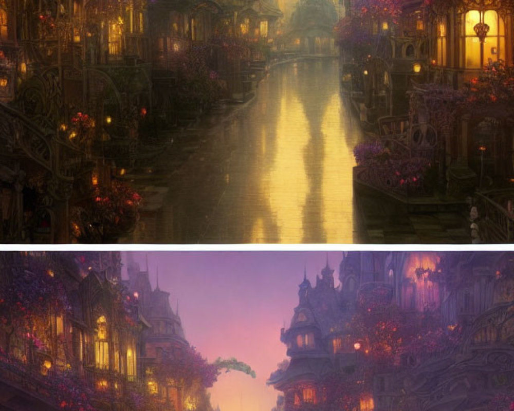 Fantasy-like cityscape with ornate buildings and abundant flowers.