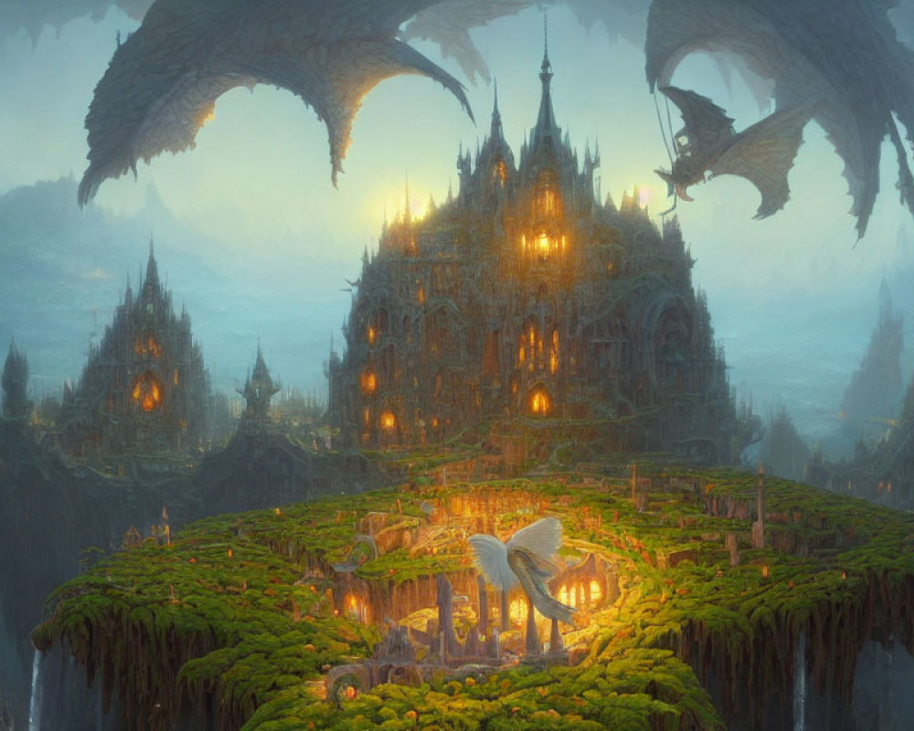 Dragons flying over illuminated castle on lush floating island