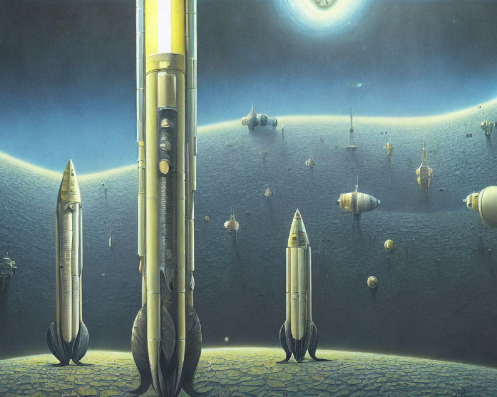 Surreal landscape with upright rockets, orbs, and vortex