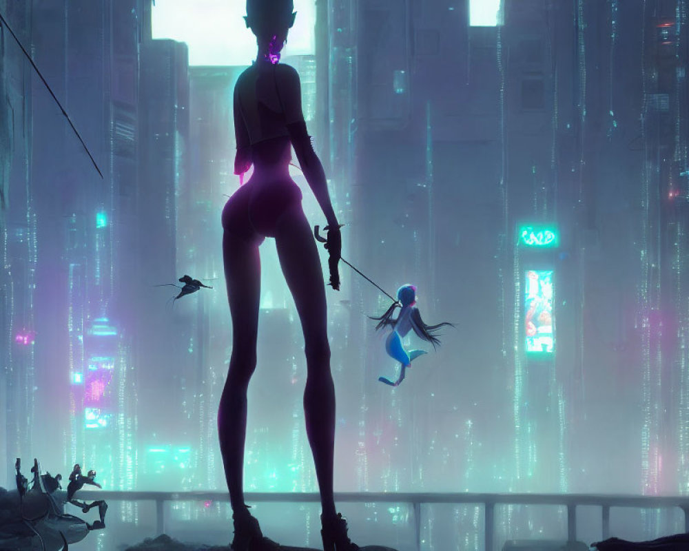 Futuristic cityscape with giant woman, neon signs, and swinging figure