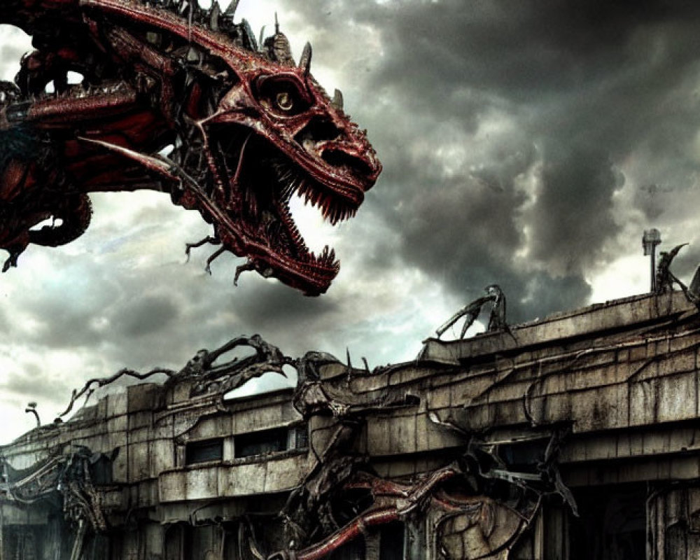 Red Dragon perched on industrial building in stormy post-apocalyptic scene