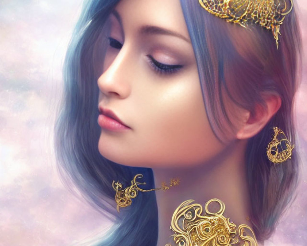 Blue-Haired Woman with Gold Jewelry on Pastel Background