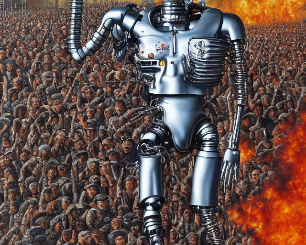 Futuristic robot in flames against industrial backdrop