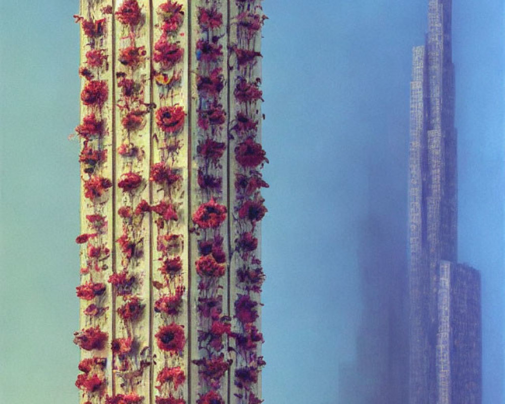 High-rise building with red floral patterns next to towering skyscraper under blue sky