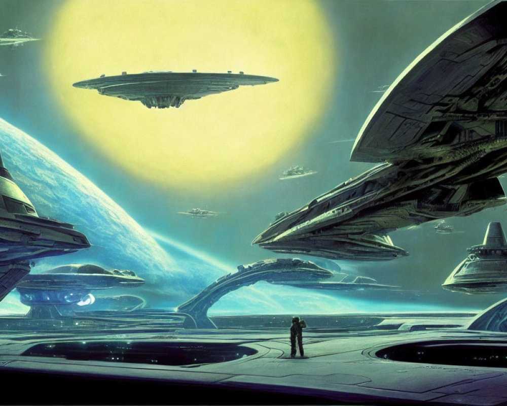 Futuristic spaceport scene with humanoid figures and spacecraft on blue planet under yellow sky