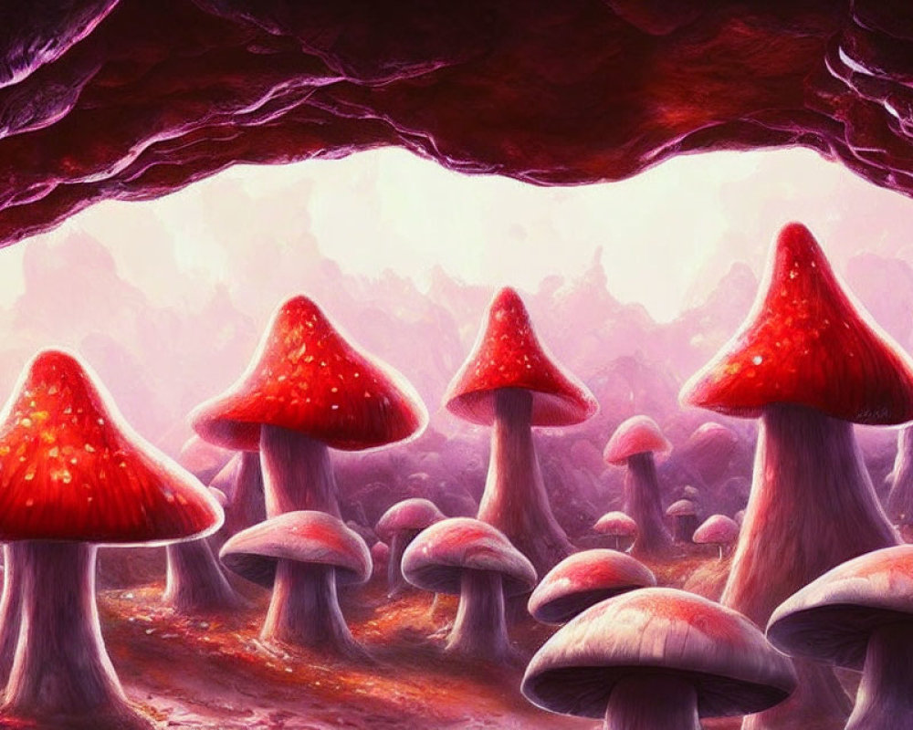 Vibrant Mushroom Forest with Red-Capped Fungi in Purple Sky