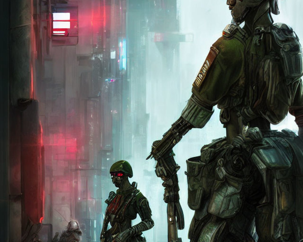 Futuristic armored soldiers in neon-lit dystopian cityscape