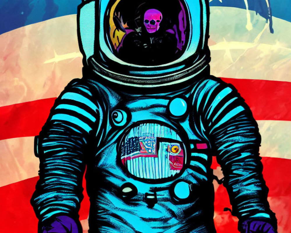 Astronaut in space suit with skull inside helmet, cosmic backdrop, and abstract flag design.