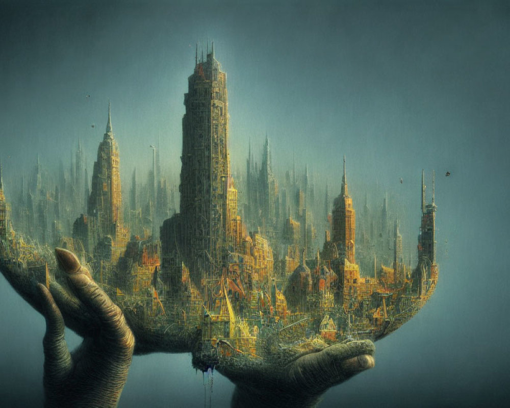 Hands cradle cityscape with skyscrapers in surreal backdrop