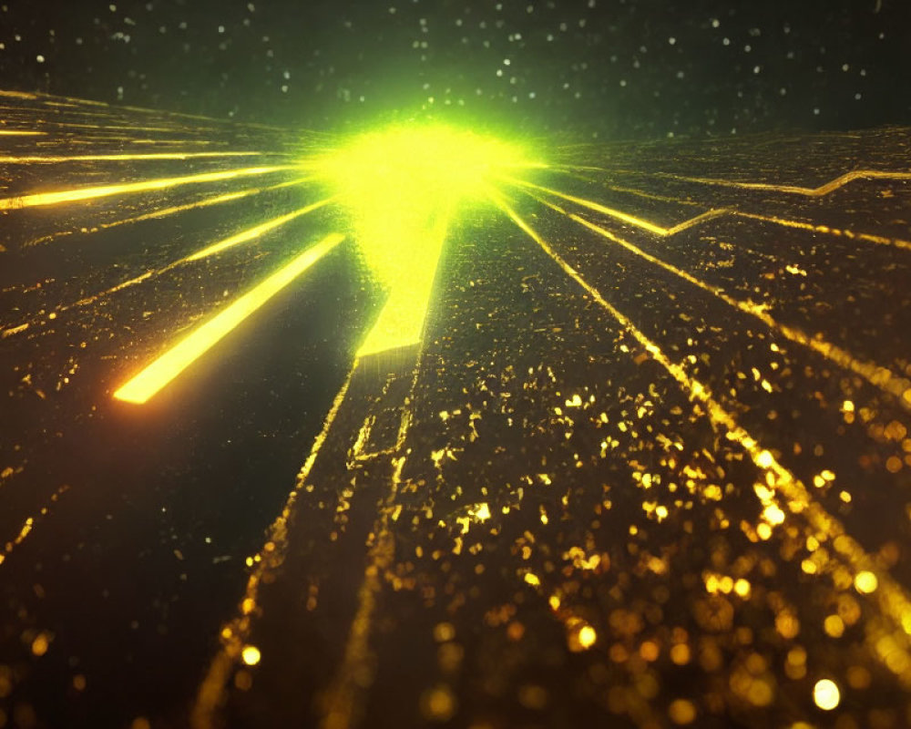 Yellow and Green Light Beams on Sparkling Golden Starfield