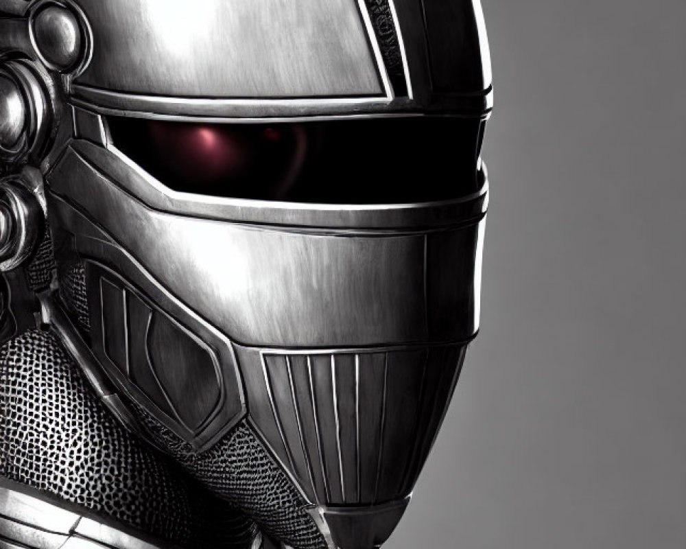 Futuristic metallic helmet with glowing red visor and advanced design