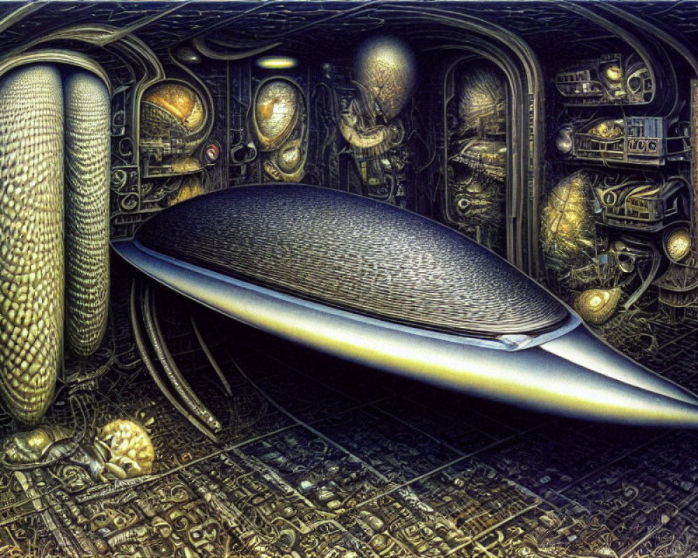 Futuristic metallic interior with oval vessel and alien hieroglyphs