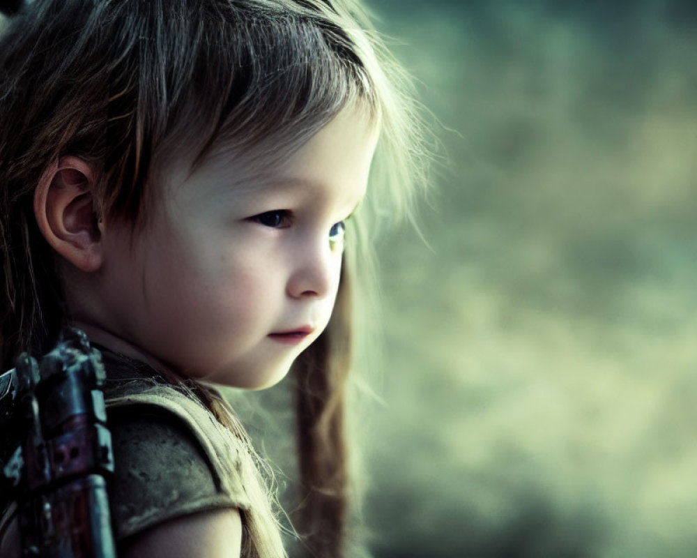 Contemplative young child against green background