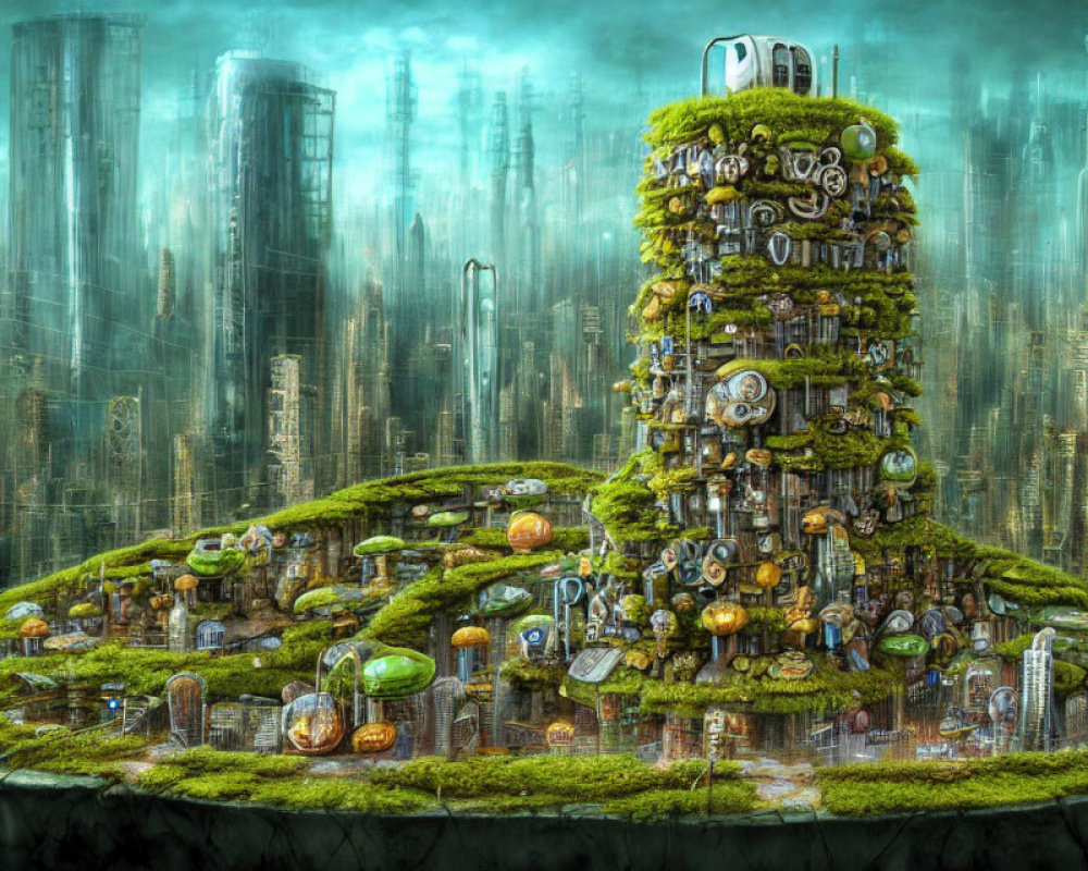 Verdant cylindrical building in futuristic green cityscape