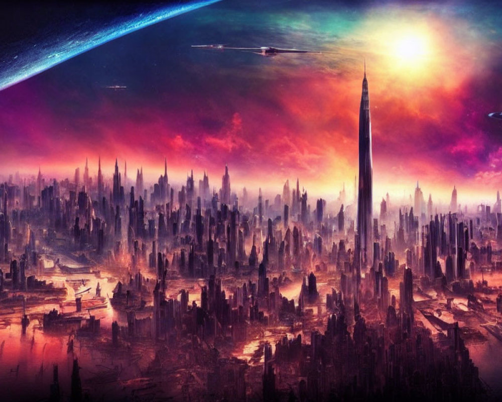 Futuristic sci-fi cityscape with cosmic sky and spaceships