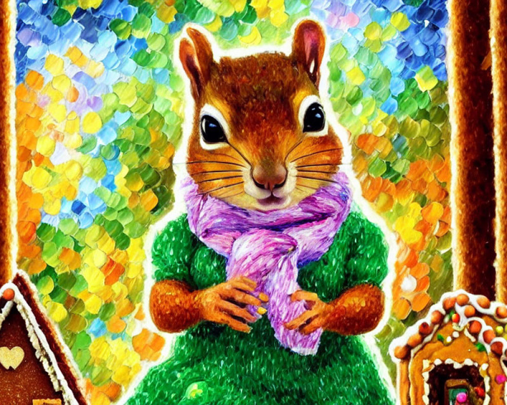 Illustrated squirrel in green sweater and purple scarf with colorful mosaic background and gingerbread houses.