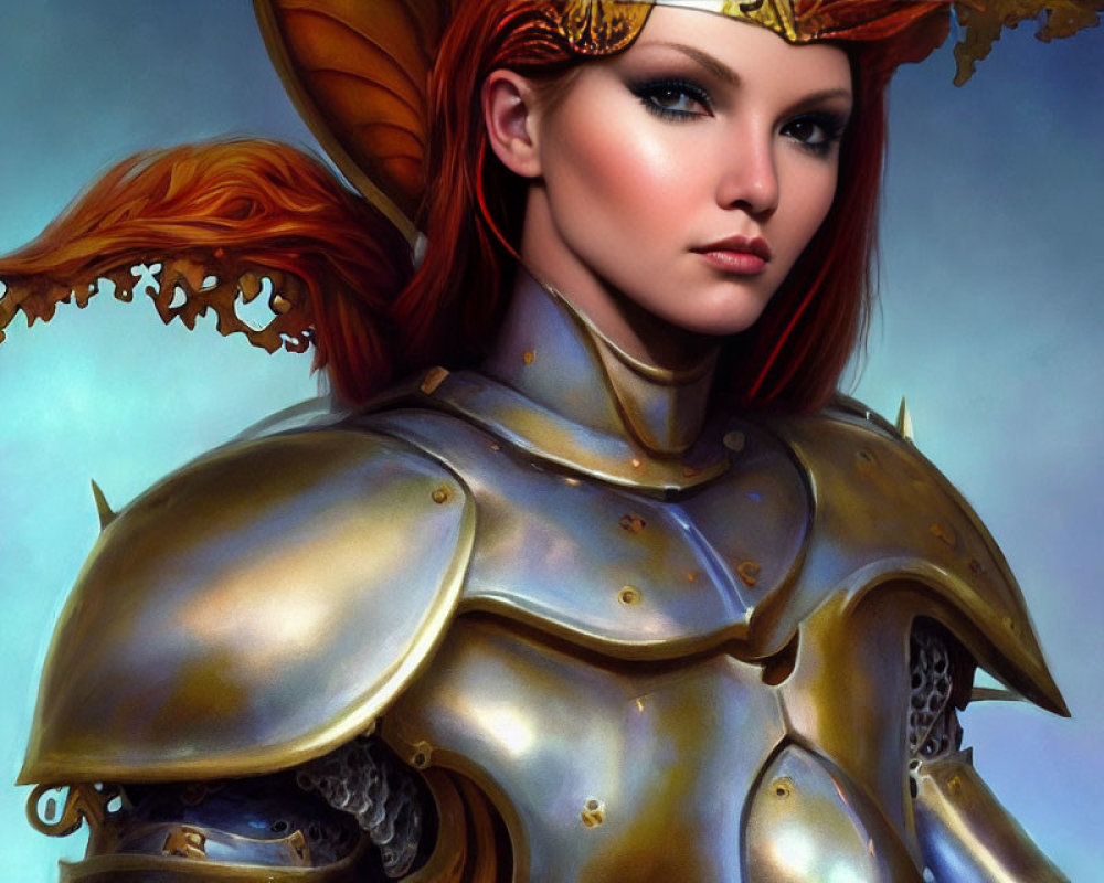 Red-haired female warrior in ornate metal armor with elven ear and gold-detailed helmet.