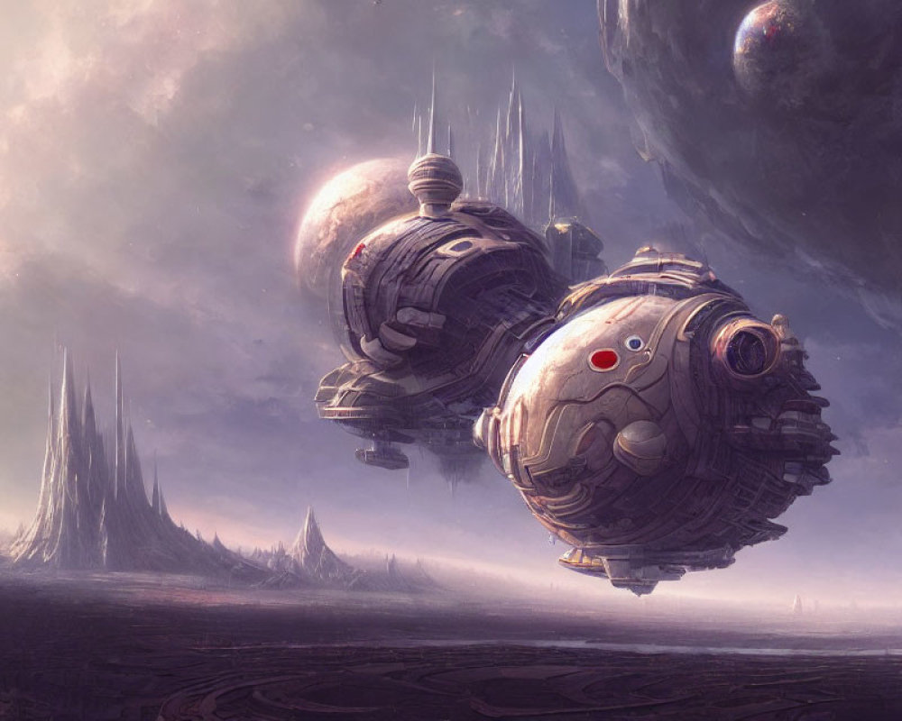 Two spherical spaceships over alien landscape with towering spires