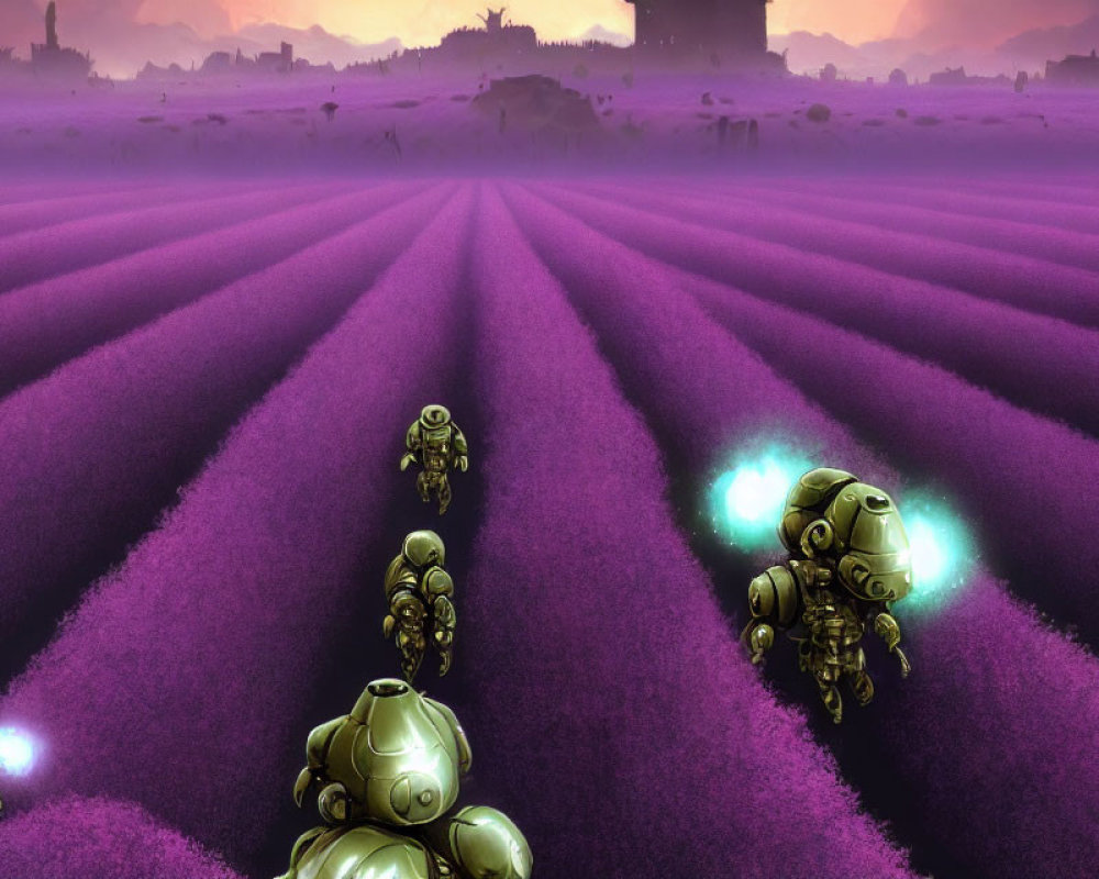 Surreal landscape with purple plants, soldiers, and distant castles