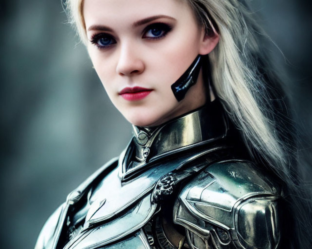 Fantasy woman in horned armor with silver hair and blue eyes