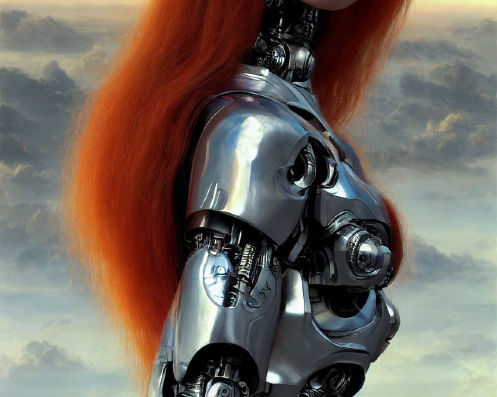 Realistic female android with red hair against cloudy sky