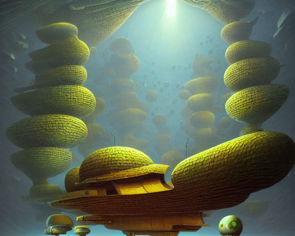 Underwater scene with sunbeams, spiral structures, turtle submarine, and robotic companion