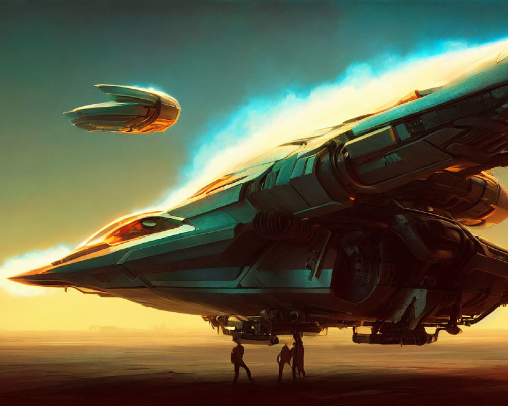 Futuristic spaceship lands on alien planet at sunset with silhouetted figures and warm colors