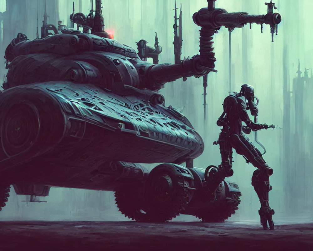 Futuristic hover tank and armored figure in advanced setting