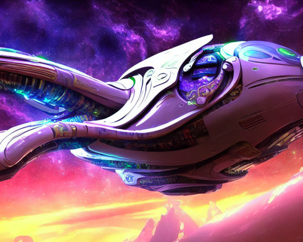 Futuristic spaceship in vibrant purple nebula with onlookers.