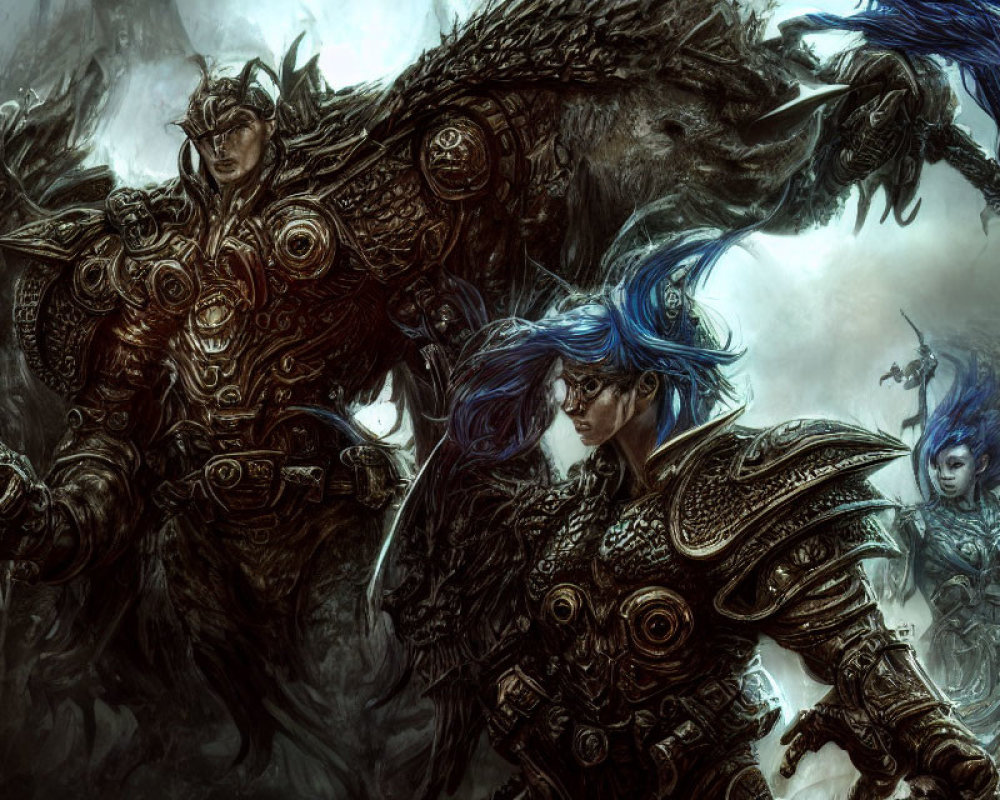 Detailed Fantasy Artwork: Three Armored Characters and Monstrous Creature