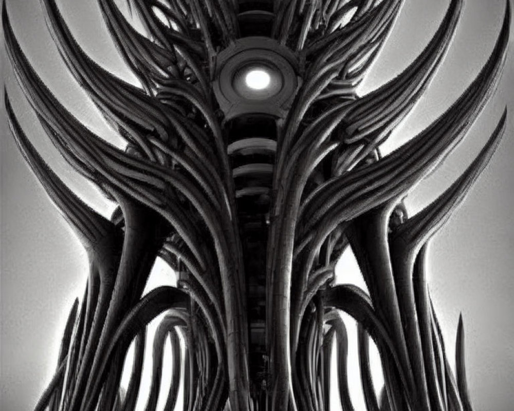 Monochrome symmetrical sculpture with elongated tendrils and illuminated orb