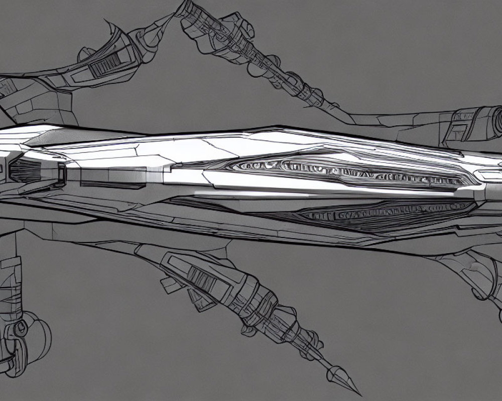 Detailed grayscale futuristic crossbow sketch on textured background