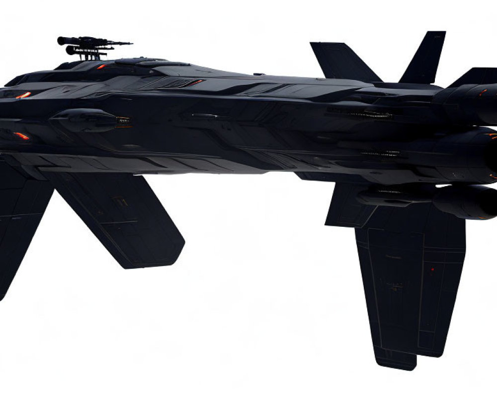 Futuristic black combat spacecraft with prominent wings and red lights on white background