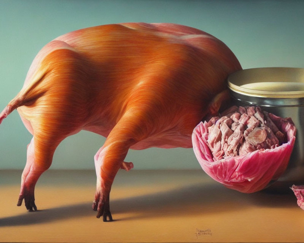 Surreal painting featuring pig with banana body and pot with pink fruit.