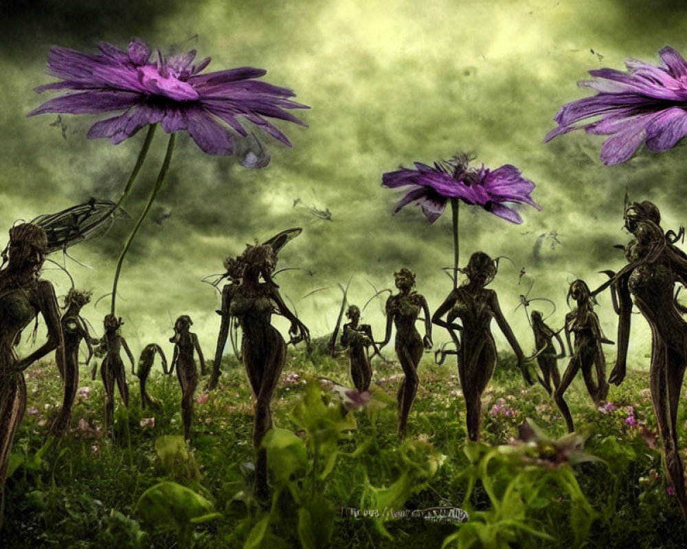 Fantastical humanoid figures in overgrown field with purple flowers under green sky